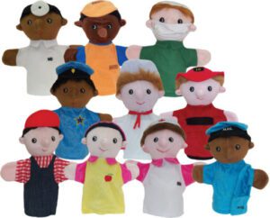 Photo of the 10 puppets included in the Community Helpers Hand Puppet set: a farmer, mailman, doctor, nurse, policeman, fireman, chef, engineer, teacher and surgeon. This puppet set depicts a multicultural community.