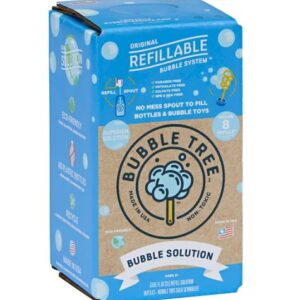 A photo of the product's external packaging: A box of refillable Bubble Tree Bubble Solution.