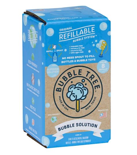 A photo of the product's external packaging: A box of refillable Bubble Tree Bubble Solution.