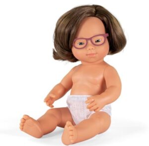 A Down Syndrome Caucasian doll with glasses