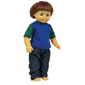 A baby doll wearing a blue green shirt
