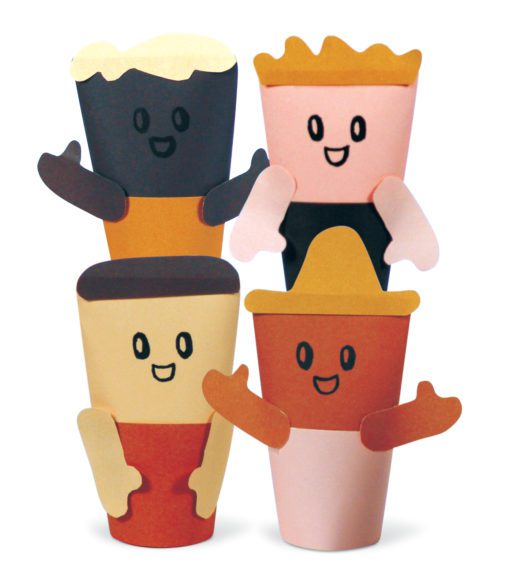 An example of a craft that was done with the Skin Tone Craft Papers: a set of four paper finger puppets, each with a different skin tone.
