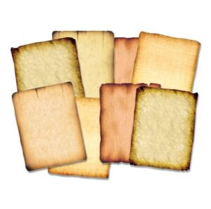 A photo of the paper types included in the Antique Paper Assortment Pack. Sheets of paper are designed to look old-timey, including a yellow tint and faux burnt edges.