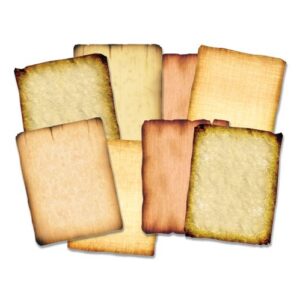A photo of the paper types included in the Antique Paper Assortment Pack. Sheets of paper are designed to look old-timey, including a yellow tint and faux burnt edges.