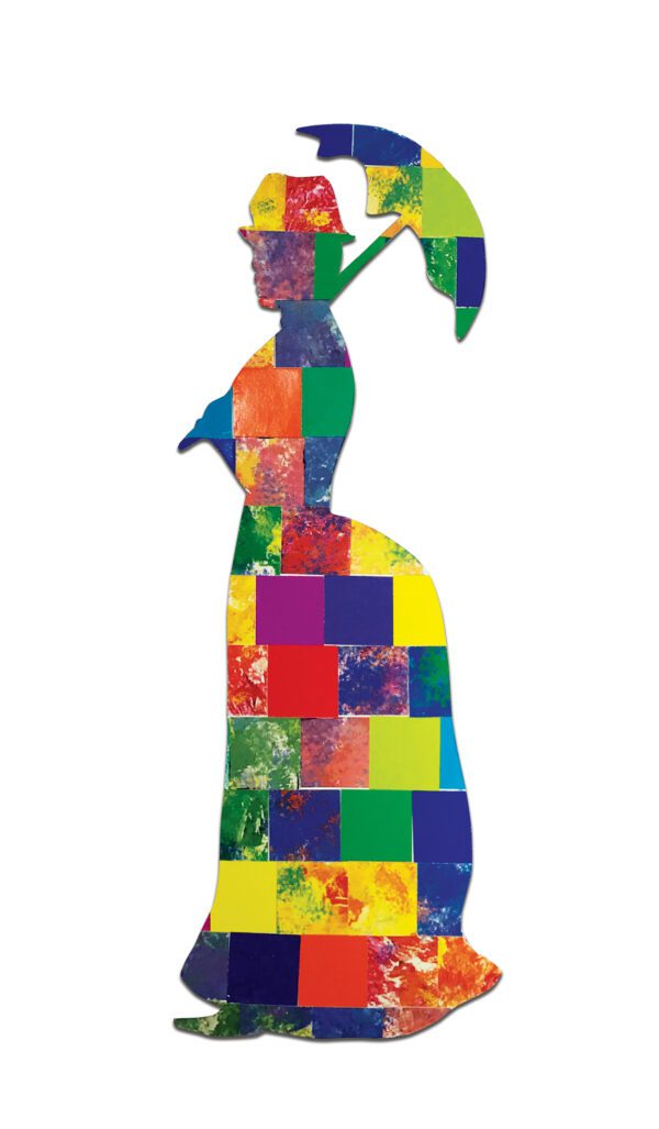 An example of a finished craft using the Paper Mosaic Squares. This craft features the silhouette of a lady holding an umbrella.