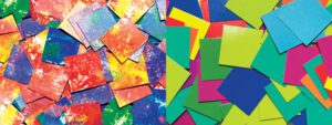 A close up photo of the various colors and patterns on the pieces included in the Paper Mosaic Squares pack. Plain colored pieces and patterned pieces are both included.