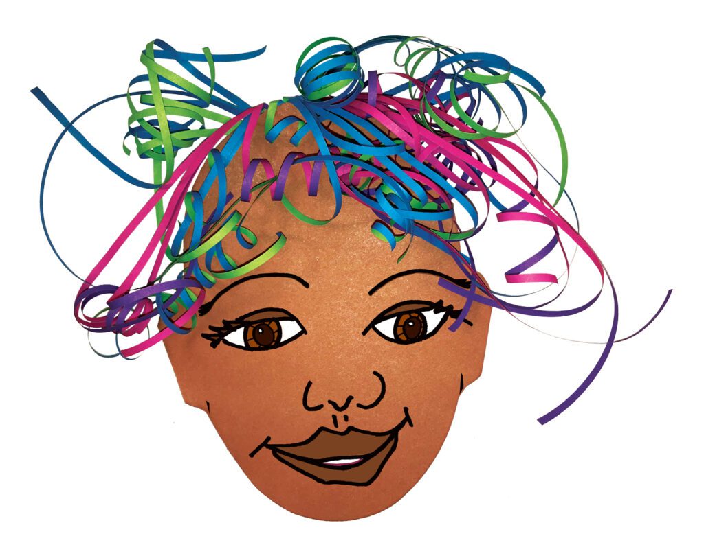 An example of a completed self portrait craft using Hair Paper. This craft shows a face drawn onto light brown paper framed with green, blue, pink and purple hair pieces. The Hair Pieces have been curled into a wavy style.