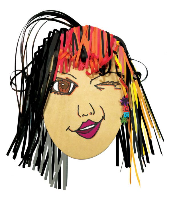 An example of a completed self portrait craft using Hair Paper. This craft shows a face drawn onto tan paper, framed with a funky medley of black, red, and yellow Hair Paper pieces. The face is winking.