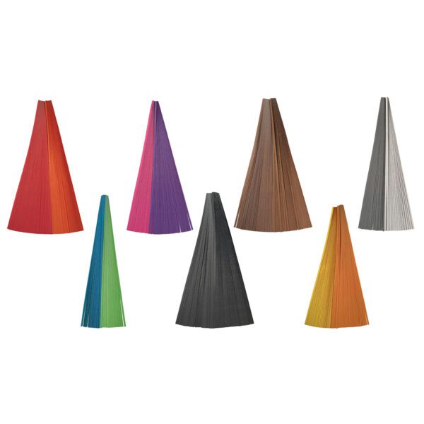 The assortment of colored paper strips included in the Hair Paper (2400 Pieces) product. From left to right, colors included are Red/Orange, Blue/Green, Pink/Purple, Black, Brown, Blonde/Orange, and Dark Grey/Light Grey.