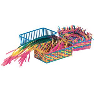 A photo of the items included in the Basket Weaving Craft Kit: 12 base basket forms and a large amount of multicolor weaving strips.
