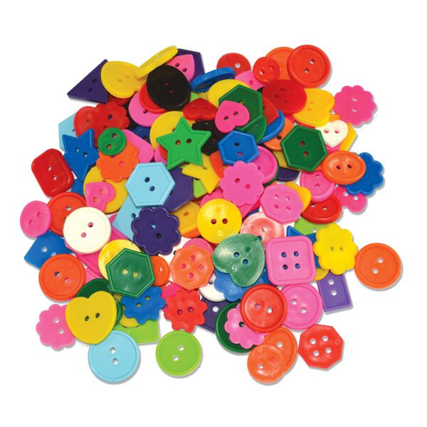 A photo of a pile of Bright Buttons. This photo shows that Bright Buttons come in a variety of colors (such as yellow, red, pink, green, blue, and orange) and shapes (including star, heart, flower, square, and circle).