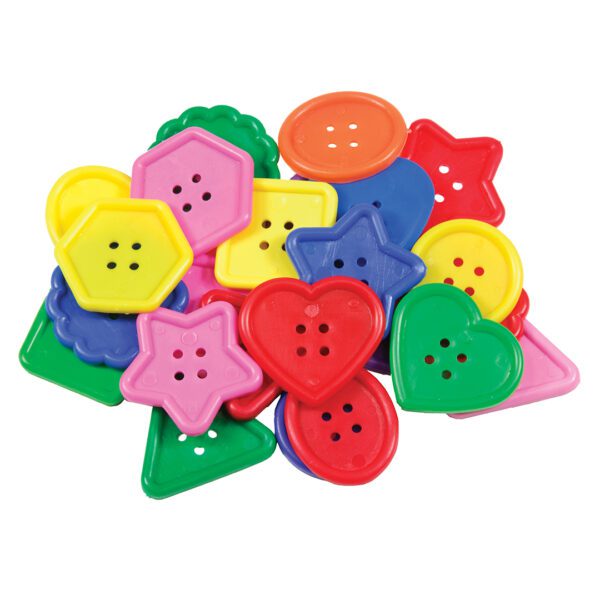 A photo of a pile of Really Big Buttons. This photo shows that Really Big Buttons come in a variety of colors (such as yellow, red, pink, green, blue, and orange) and shapes (including hexagon, star, heart, square, and circle).
