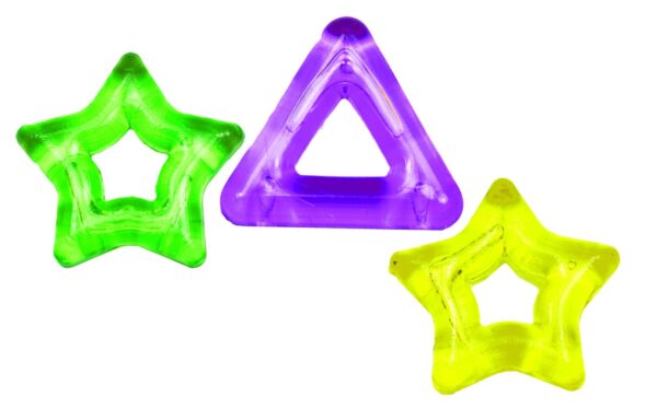 A close up of some of the beads included in the Multi-Shape Beads. Pictured are a green star, a purple triangle, and a yellow star. This photo also features that the beads are semi-transparent.