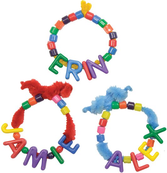 An example of a craft made with the Uppercase Alphabet Beads. This photo shows Alphabet Beads strung onto pipe cleaners to make three bracelets spelling out the names Jamie, Alex, and Erin.