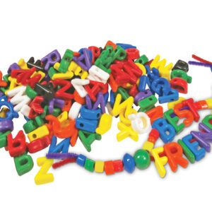 A photo of Alphabet Beads in a pile. The beads are brightly colored and are some are strung together on pipe cleaners to spell out the words "Best Friends".