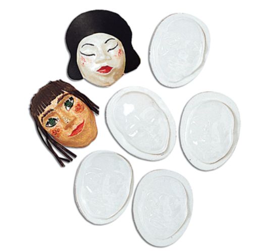 A photo of two completed crafts next to the see-through set of Face-Shaped Crafting Molds.