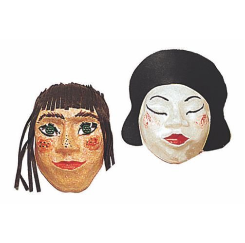 Two example of craft made with the Face-Shaped Crafting Molds. Two finished face masks. The one on the left shows a female face with light skin, brown hair, and red cheeks. The one on the right shows an Asian-themed mask whose face is painted white, with lips and cheeks accented in red and eyes highlighted with black eyeliner.