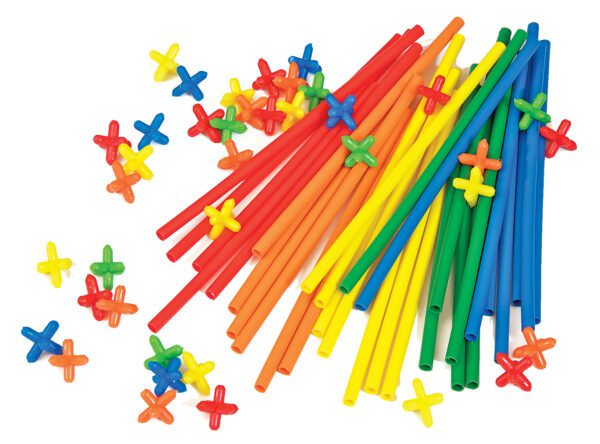 A close up of the straws and connectors included in the Straws & Connectors Set. The Straws and Connectors come in a variety of bold colors, such as red, orange, yellow, green and blue.