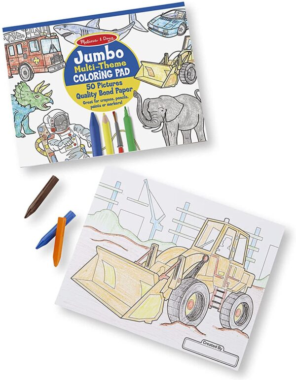 An example of a page from the Melissa & Doug Jumbo Drawing Pad. The page, featuring a bulldozer, is colored in yellow.