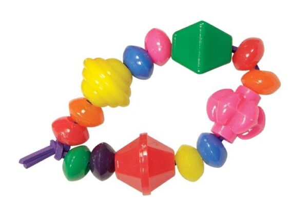 An example of a craft made with Opaque Beads. This bracelet craft has beads of different shapes, sizes, and colors, including green, yellow, pink, blue, and red.