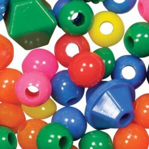 A close up photo of Opaque Beads. This close up photo shows that the beads come in bold colors such as pink, orange, blue, red, green, and yellow and also come in different shapes including spherical and diamond.