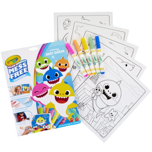 A photo of the Color Wonder Baby Shark Coloring Book and included Mess-Free Markers.