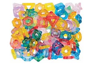 A close up photo of a pile of Multi Shape Beads. The beads are shown to come in translucent colors such as red, yellow, green, blue, and purple.