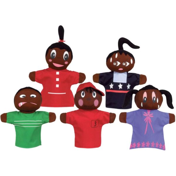 Photo of the five hand puppets included in the How Am I Feeling? Hand Puppet - African American/Black set. From upper left clockwise, the emotions expressed on the puppets' faces are Happy, Nervous, Sad, Embarrassed, and Angry.