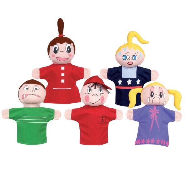 Photo of the five hand puppets included in the How Am I Feeling? Hand Puppet - Caucasian/White set. From upper left clockwise, the emotions expressed on the puppets' faces are Happy, Nervous, Sad, Embarrassed, and Angry.