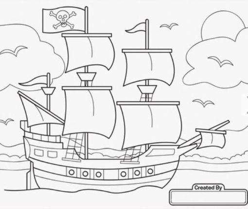 An example of a coloring page from the Melissa & Doug Jumbo Drawing Pad, featuring a pirate ship.
