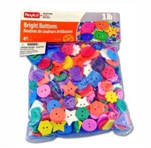 A photo of the Bright Buttons packaging, containing buttons of assorted colors and shapes.