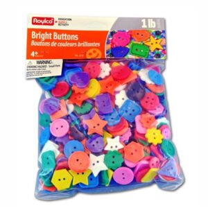 A photo of the Bright Buttons packaging, containing buttons of assorted colors and shapes.