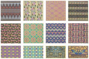 Photo of the 12 designs of paper offered in the Global Village Craft Paper Assortment product.