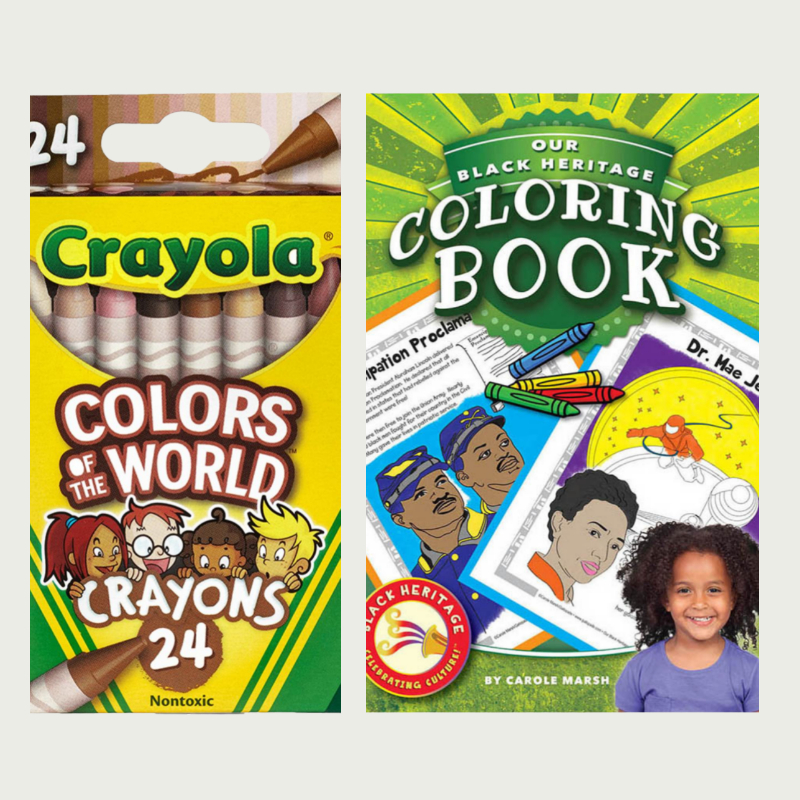 A photo of what is included in our Our Black Heritage Coloring Book Bundle: the coloring book and a 24 pack of Crayola Colors of the World diverse skin tone crayons.