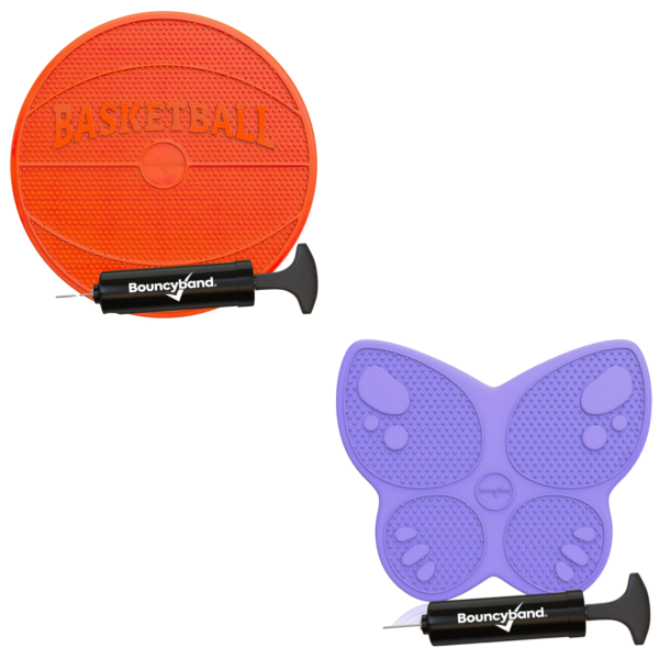 Bouncyband Fun Shaped Kids Wiggle Seats Featuring Orange Basketball and Purple Butterfly