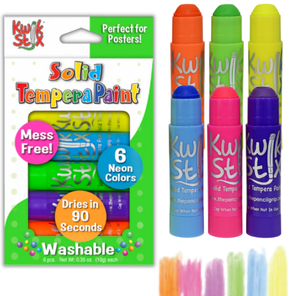 The 6-pack package of Kwik Stix Solid Tempera Paint in neon colors, including bright orange, green, yellow, blue, pink, and purple is seen on the left side. The packaging emphasizes the mess-free, quick-drying formula. The stix are arranged neatly in a 3 by 3 format in the top right corner. Orange, green, and yellow are in the top row, with blue, pink, and purple on the bottom. All shades have the caps off to showcase their rounded tips. In the bottom right corner, we see small rectangle samples of each shade.