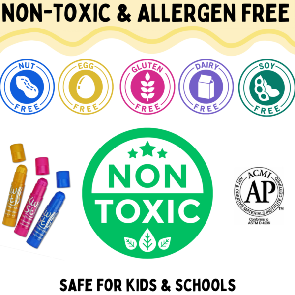 Image displaying text: Non-Toxic & Allergen Free, with symbols indicating no nuts, eggs, gluten, dairy, or soy. Large Non-Toxic circle logo in green. Includes small markers and ACMI certification. Text reads Safe for Kids & Schools.