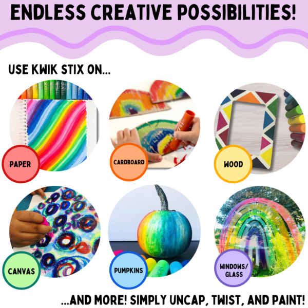A colorful advertisement showcasing various surfaces where Kwik Stix can be used, including paper, cardboard, wood, canvas, pumpkins, and windows. Each surface is illustrated with vibrant, painted examples in a rainbow palette. Text at the top says, “Endless Creative Possibilities!”.