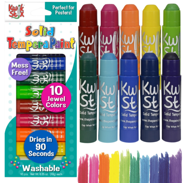 A set of 10 Kwik Stix Solid Tempera Paint sticks in vibrant colors including red, orange, yellow, green, blue, and pink. The packaging highlights features like Mess Free! and Dries in 90 Seconds. Swatches of each color are shown below the sticks.