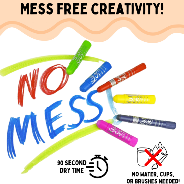 Bright markers form the words NO MESS on a white surface. Text at the top reads Mess Free Creativity! with a wavy border. A clock with 90 second dry time and an icon stating No water, cups, or brushes needed! are at the bottom.