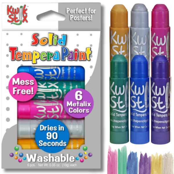 A 6-pack of Kwik Stix Solid Tempera Paint in metallic shades, including gold, silver, metallic blue, metallic brown, metallic charcoal, metallic emerald, metallic green, metallic magenta, metallic pink, metallic purple, metallic red, and metallic yellow is seen on the left side. The packaging emphasizes the mess-free, quick-drying formula. The stix are arranged neatly in a 3 by 3 format in the top right corner. Gold, silver, and pink are in the top row, with dark teal, blue, and purple on the bottom. All shades have the caps off to showcase their rounded tips. In the bottom right corner, we see small rectangle samples of each shade.