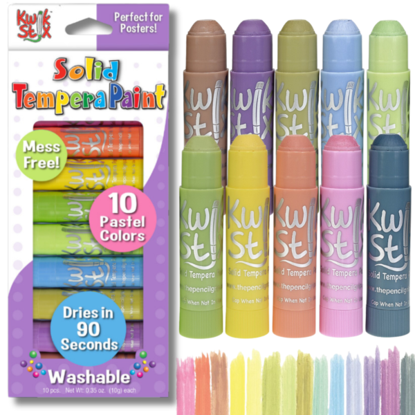 A set of 10 pastel-colored solid tempera paint sticks next to a box labeled Kwik Stix Solid Tempera Paint. The paints include shades like pink, blue, green, and purple, with samples of each color drawn beneath them.