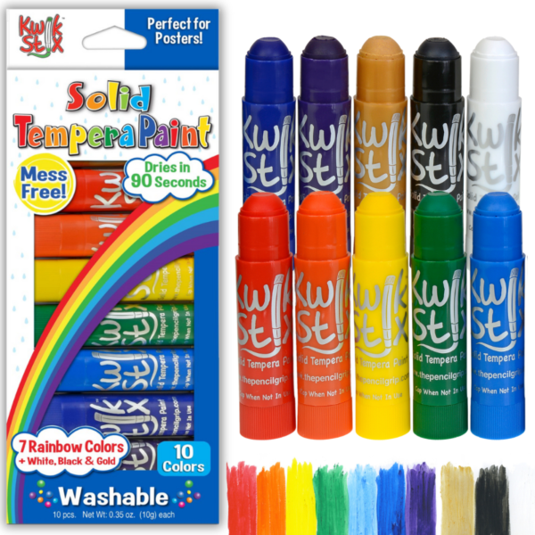 A set of Kwik Stix Solid Tempera Paint includes 10 colors: red, orange, yellow, green, blue, purple, white, black, gold, and brown. The packaging highlights features like being mess-free, drying in 90 seconds, and washable.