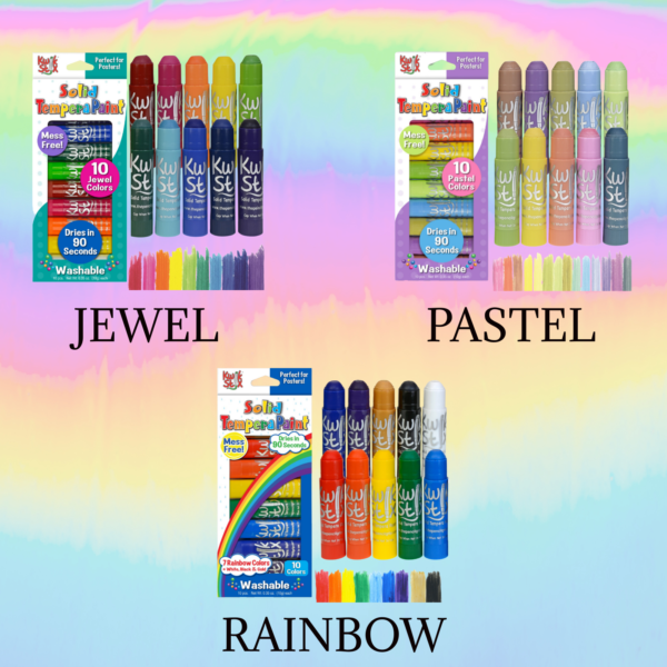 Three sets of Kwik Stix solid tempera paint sticks are displayed against a rainbow backdrop. The sets are labeled as Jewel, Pastel, and Rainbow, each containing 10 assorted colors.