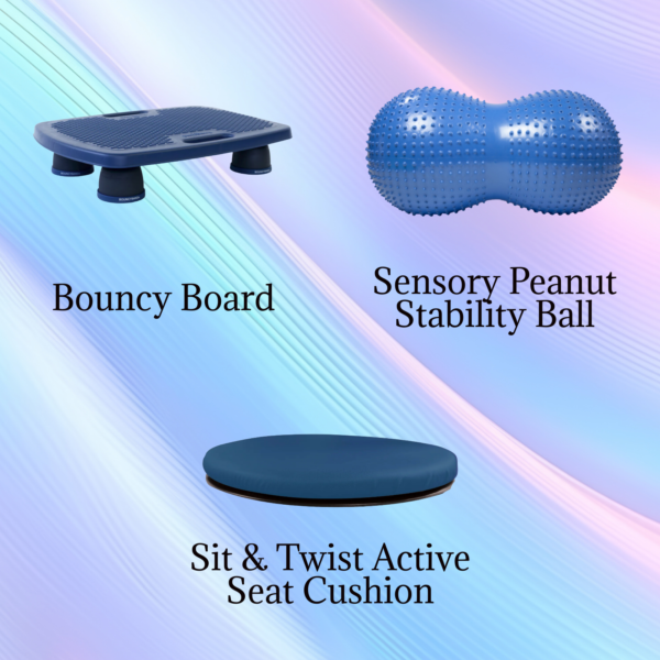 Bouncyband Bundle Featuring the Bouncy Board, Sensory Peanut Stability Ball, and Sit & Twist Active Seat Cushion