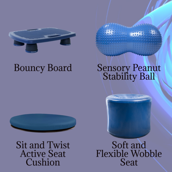 Bouncyband Bundle featuring the Bouncy Board, Sensory Peanut Stability Ball, Sit and Twist Active Seat Cushion, and Soft and Flexible Wobble Seat