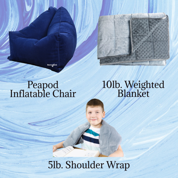Bouncyband Bundle featuring Peapod Inflatable Chair, 10lb Grey Weighted Blanket, 5lb Grey Shoulder Wrap