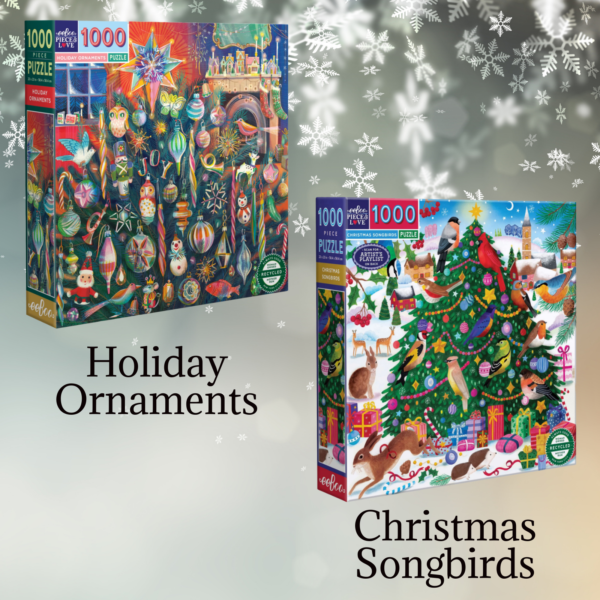 Christmas Magic 1000 Piece Puzzle Bundle Featuring eeBoo Holiday Ornaments PZTHYO and Christmas Songbirds PZT204 Puzzles