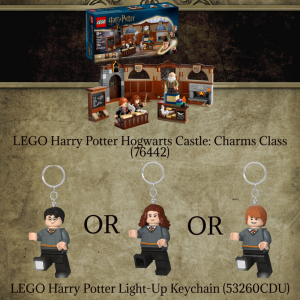 LEGO Harry Potter Charms Class Bundle Featuring the Hogwarts Castle: Charms Class 76442 set and one of either Harry, Hermoine, or Ron Light Up Keychains 53260CDU
