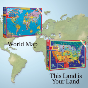 Our World 100 Piece Puzzle Bundle Featuring eeboo This Land is Your Land PZUS2 and World Map PZWR2 Puzzles
